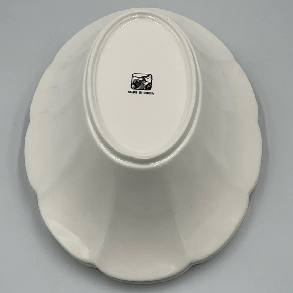 2 Oblong White Scalloped Ceramic Serving Bowls